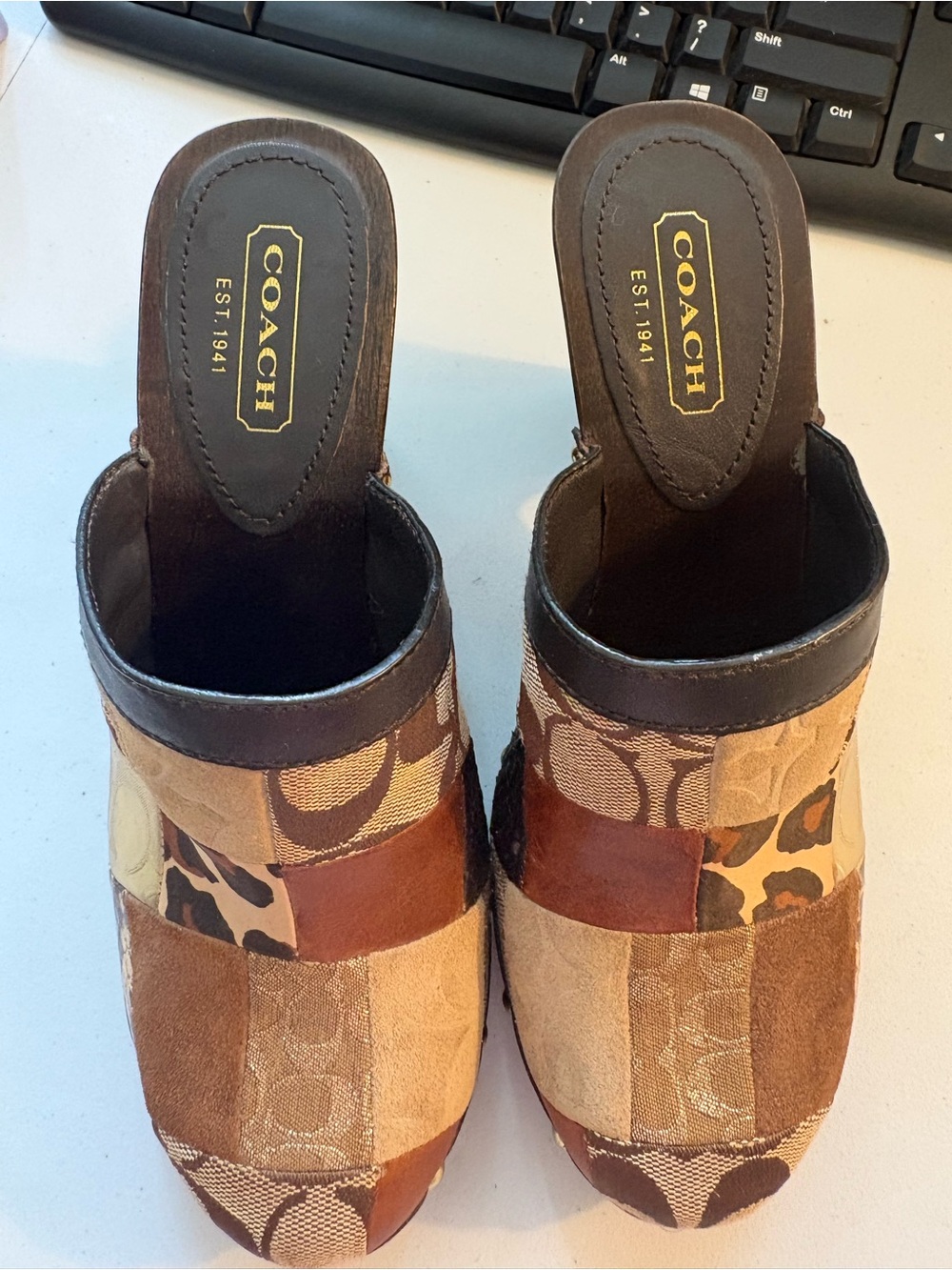 COACH Patchwork Brown Leather & Fabric Clog Mules